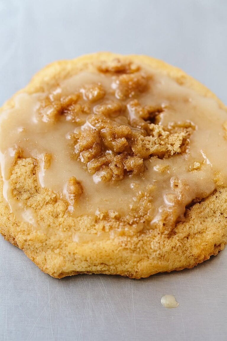 Coffee cake cookie topped with cinnamon crumb topping and glaze