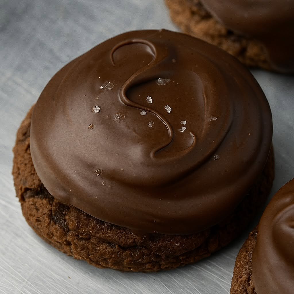 Buckeye Cookie topped with chocolate ganache and coarse sea salt