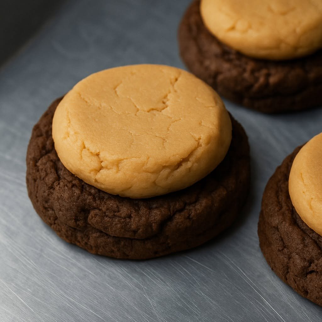 Chocolate cookie topped with creamy peanut butter Buckeye filling