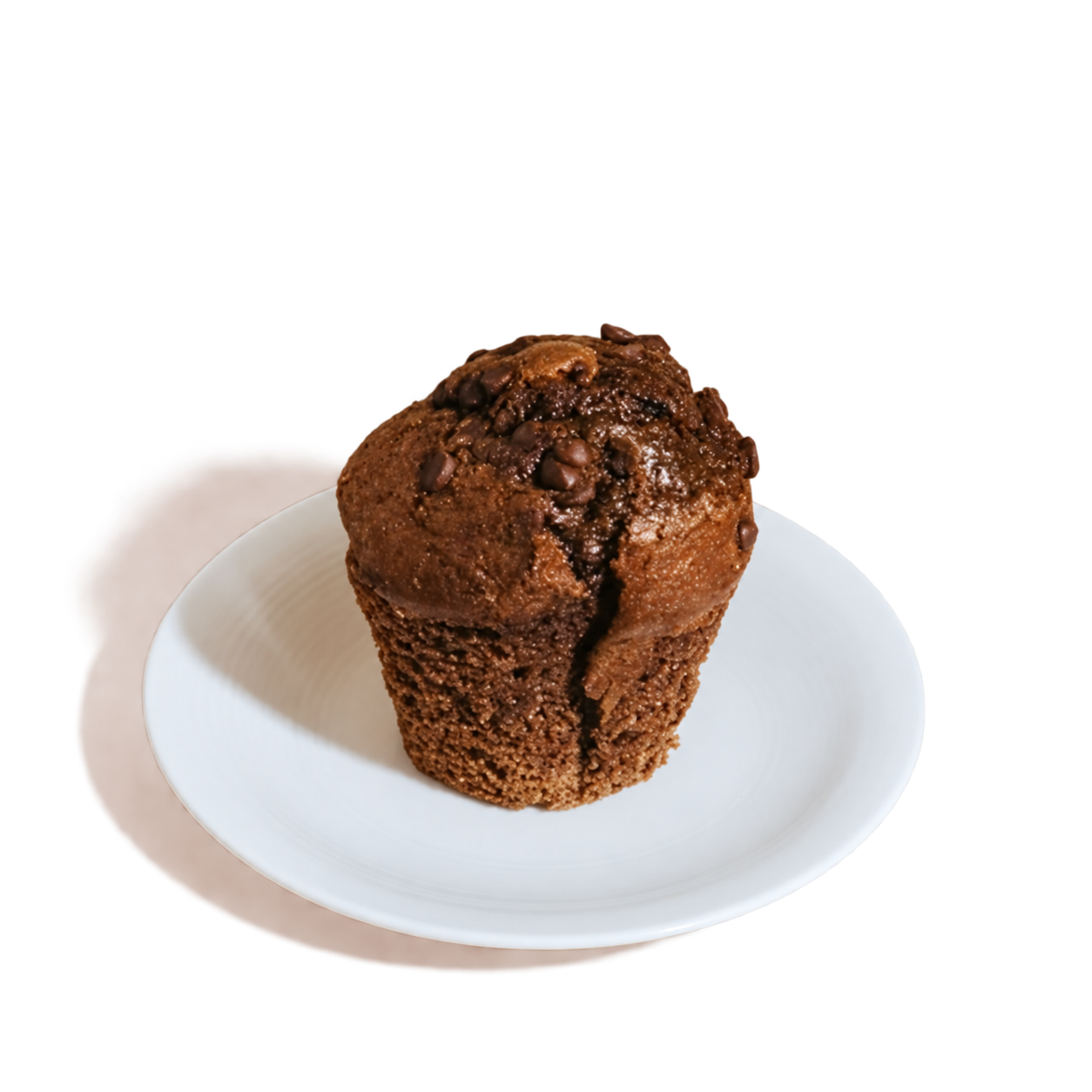 Chocolate muffin on a white plate