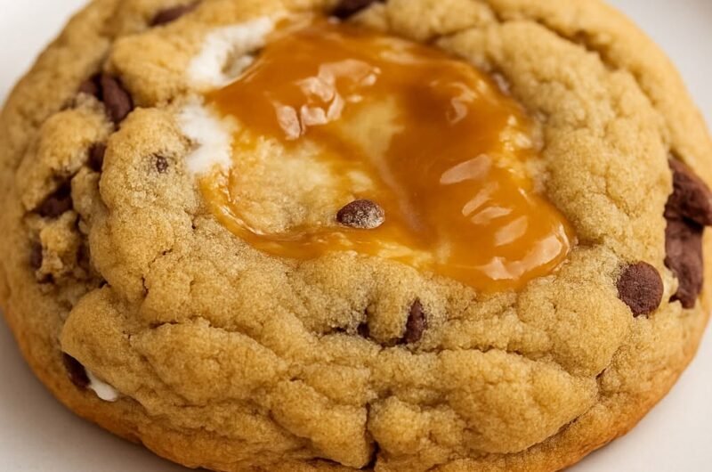 S'mores cookie with chocolate chips, melted marshmallow, and caramel sauce on a white plate