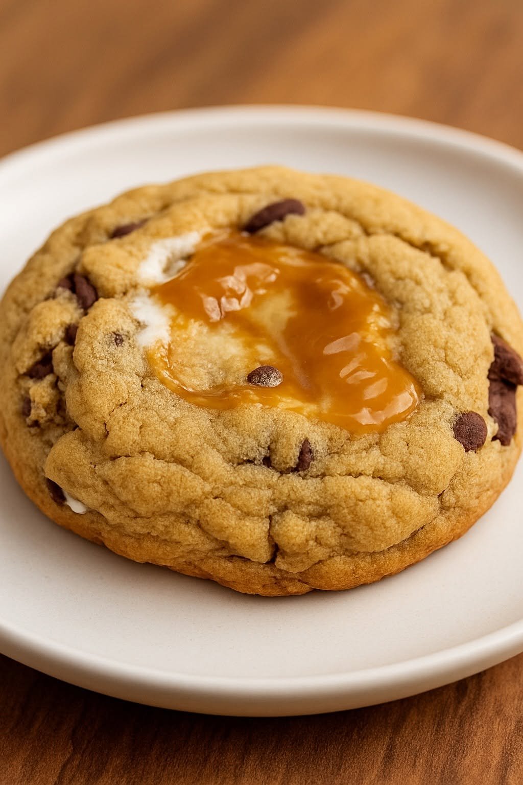 S'mores cookie with chocolate chips, melted marshmallow, and caramel sauce on a white plate