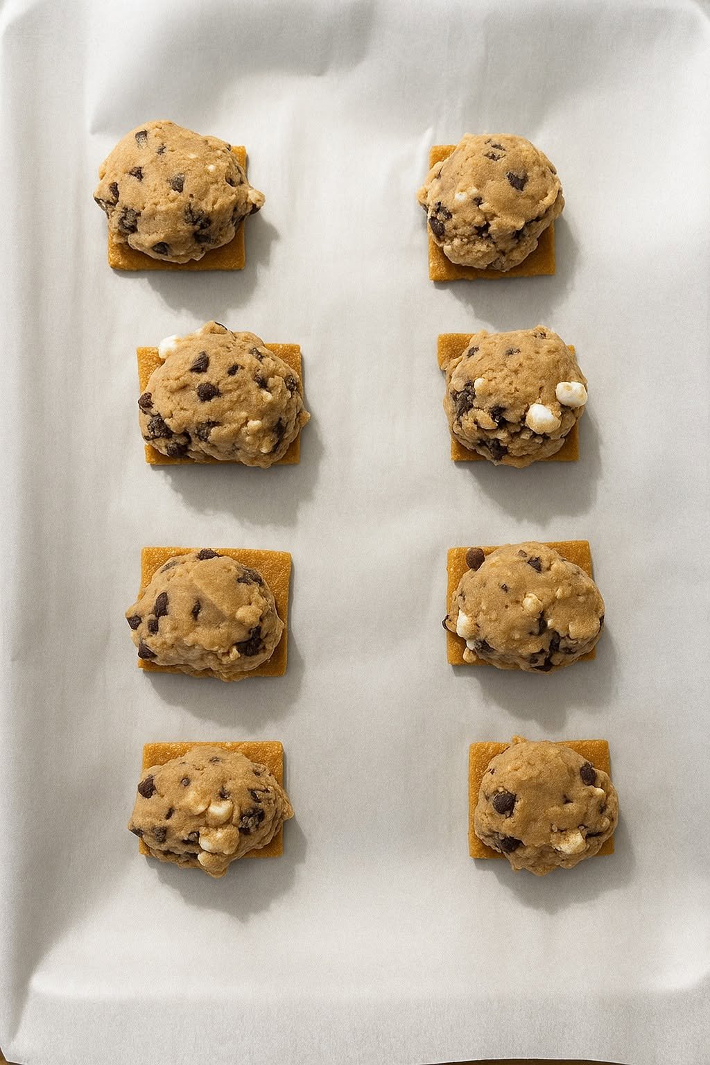 Scoops of chocolate chip and marshmallow cookie dough on graham cracker squares before baking