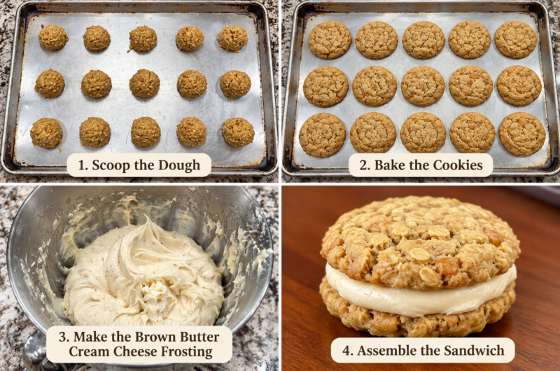 Four steps for oatmeal cream pie sandwiches: scooped cookie dough, baked oatmeal cookies, brown butter cream cheese frosting, and an assembled cookie sandwich.
