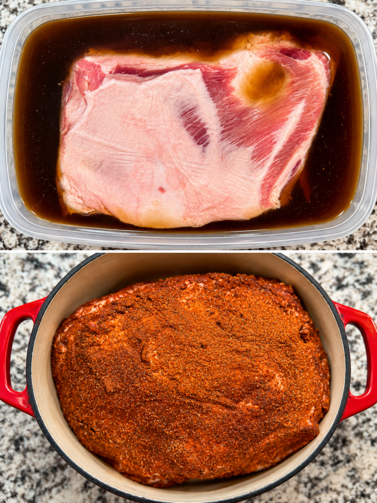 Pork shoulder in molasses brine and coated with dry rub in a Dutch oven before smoking