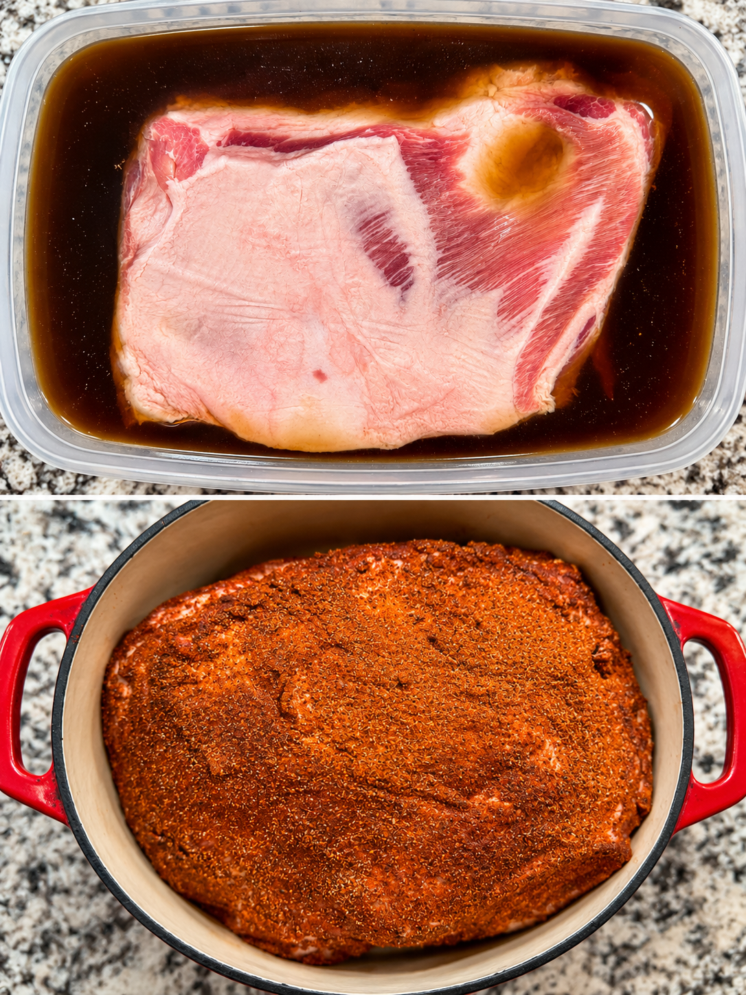 Pork shoulder in molasses brine and coated with dry rub in a Dutch oven before smoking